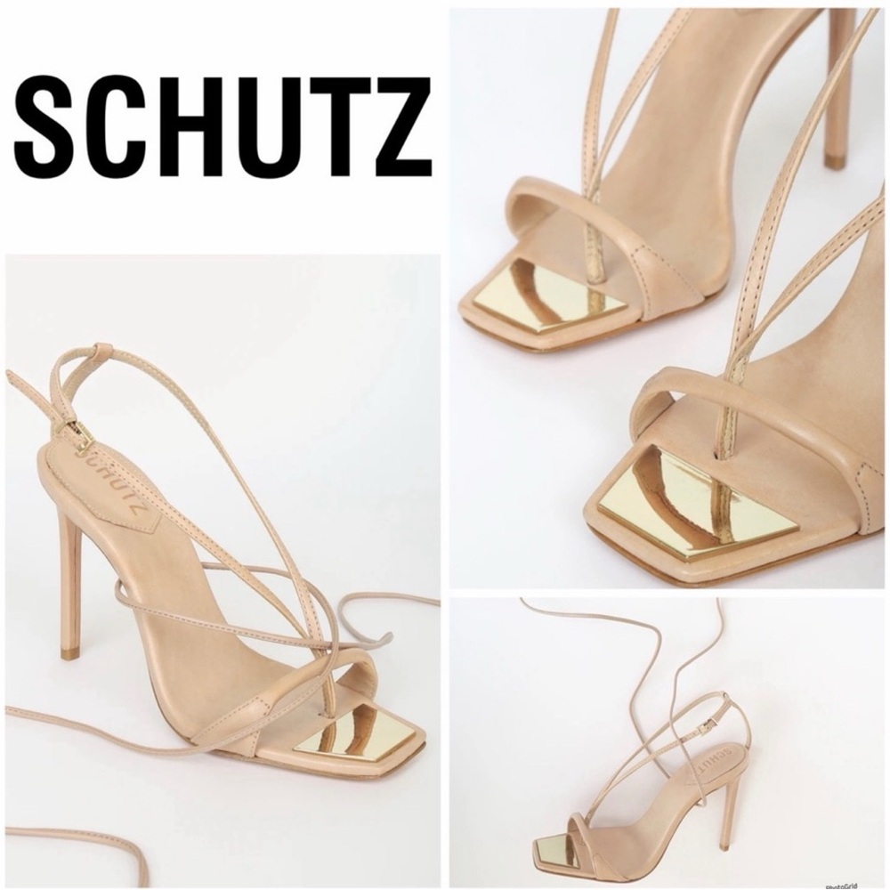SCHUTZ Tan Lace-Up Stiletto Sandals with Wrap Ankle Ties - Picture 14 of 15